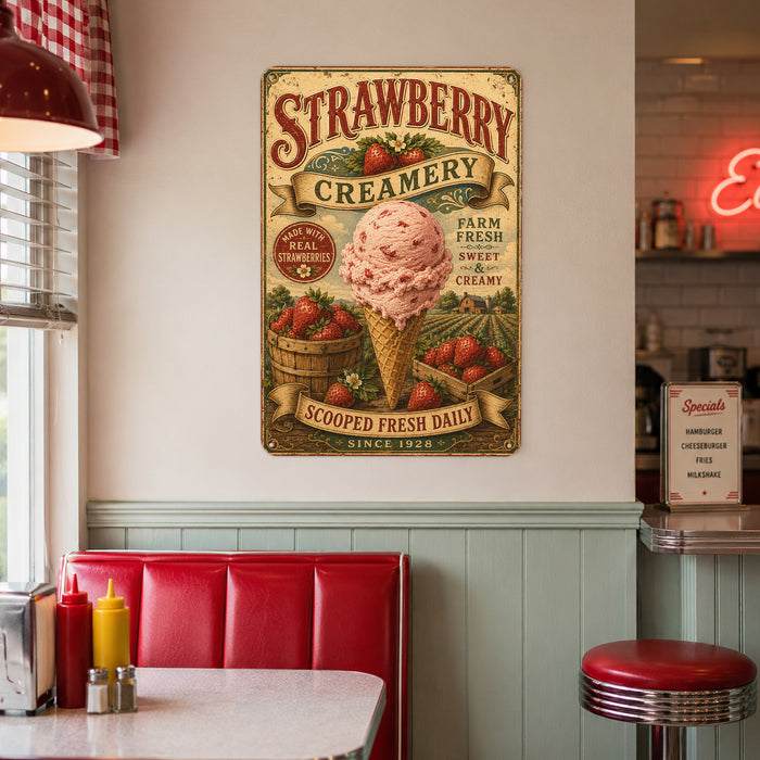 Strawberry Creamery Made With Real Strawberries metal sign with vintage americana diner / ice cream style — Strawberry