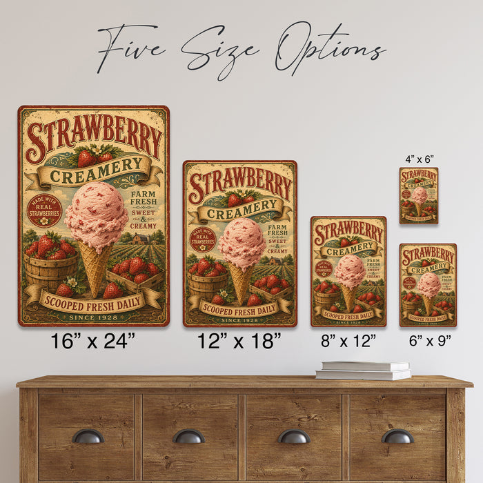 Strawberry Creamery Made With Real Strawberries metal sign with vintage americana diner / ice cream style — Strawberry