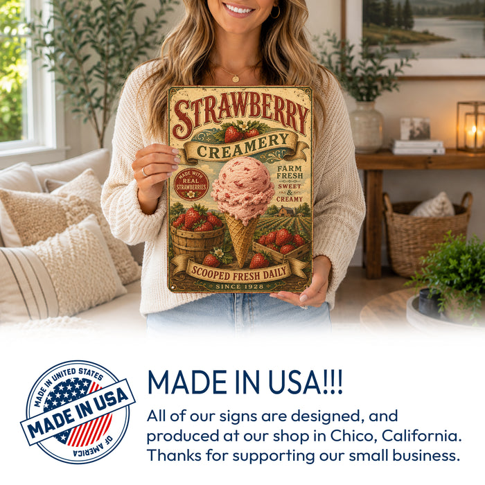 Strawberry Creamery Made With Real Strawberries metal sign with vintage americana diner / ice cream style — Strawberry