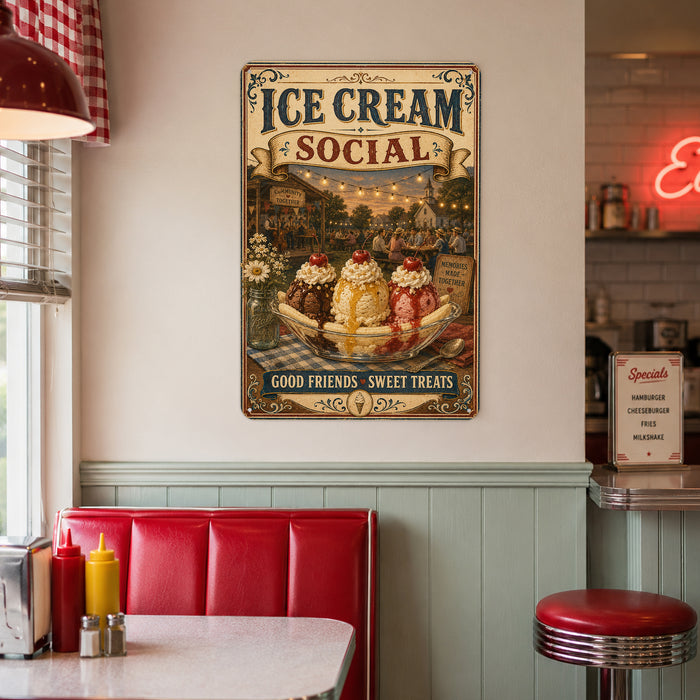 Ice Cream Social Community Together metal sign with vintage americana diner / ice cream style — Ice Cream Social Community