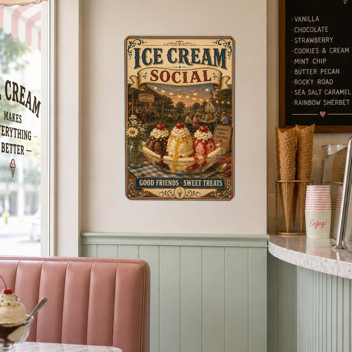 Ice Cream Social Community Together metal sign with vintage americana diner / ice cream style — Ice Cream Social Community