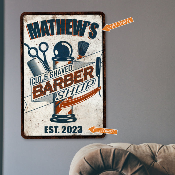 Custom Barber Shop Sign Barber Pole Haircut Cut & Shaved Razor Scissor Salon