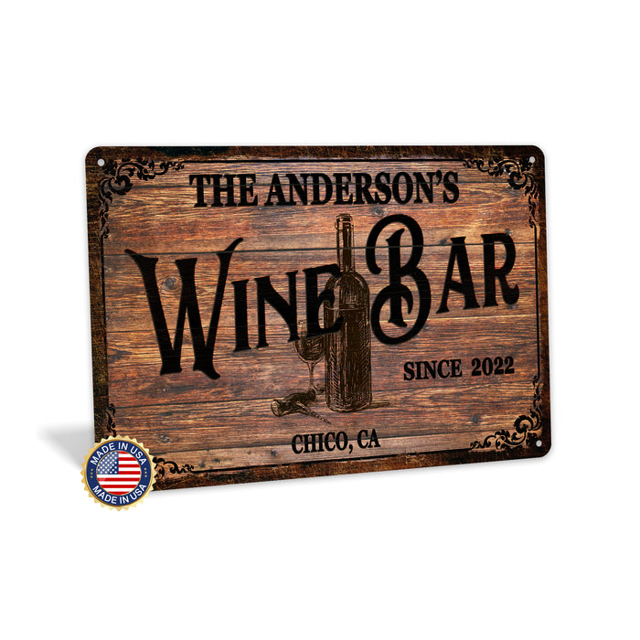 Personalized Wine Bar Sign - Custom Family Name Home Bar Decor - Rustic Wood Look Wine Cellar Sign - Made in USA