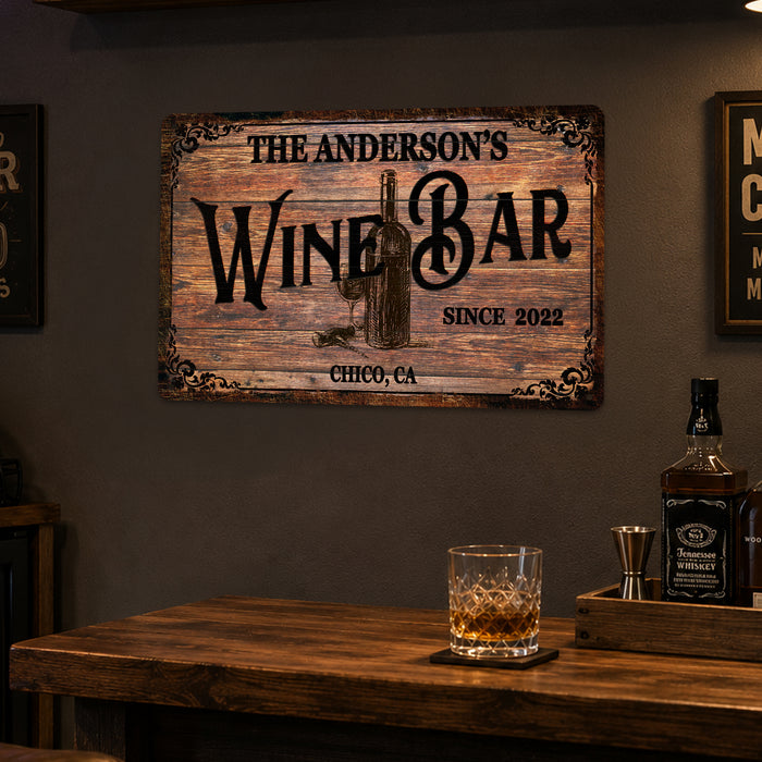 Personalized Wine Bar Sign - Custom Family Name Home Bar Decor - Rustic Wood Look Wine Cellar Sign - Made in USA