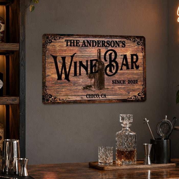 Personalized Wine Bar Sign - Custom Family Name Home Bar Decor - Rustic Wood Look Wine Cellar Sign - Made in USA