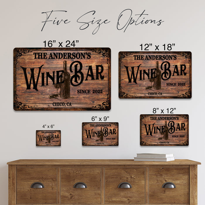 Personalized Wine Bar Sign - Custom Family Name Home Bar Decor - Rustic Wood Look Wine Cellar Sign - Made in USA