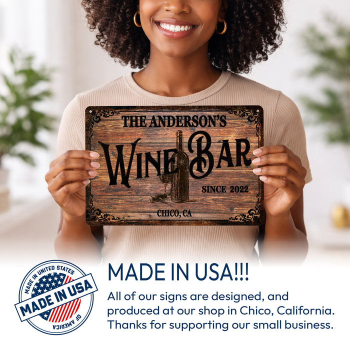 Personalized Wine Bar Sign - Custom Family Name Home Bar Decor - Rustic Wood Look Wine Cellar Sign - Made in USA