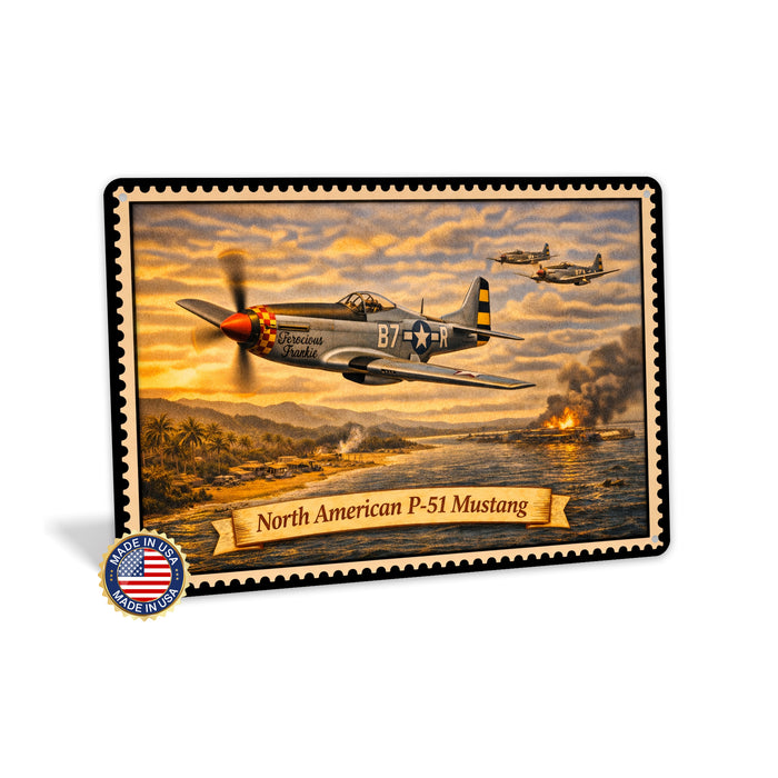 North American P-51 Mustang metal sign with horizontal postage-stamp style North American P-51 Mustang vintage artwork with