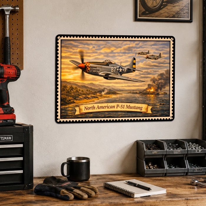 North American P-51 Mustang metal sign with horizontal postage-stamp style North American P-51 Mustang vintage artwork with