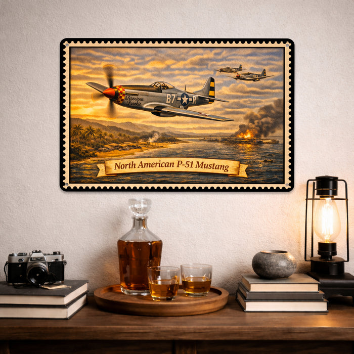 North American P-51 Mustang metal sign with horizontal postage-stamp style North American P-51 Mustang vintage artwork with