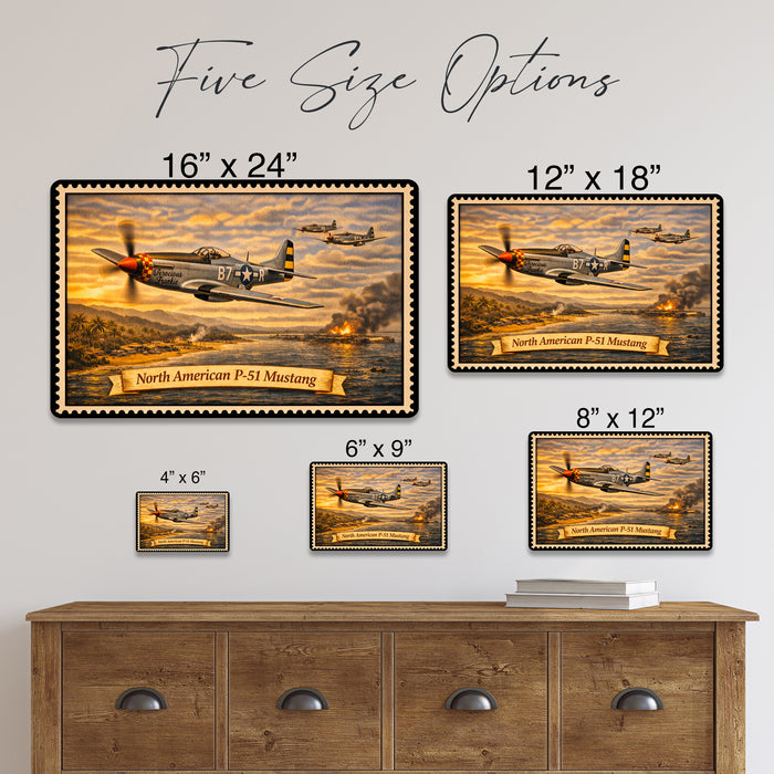 North American P-51 Mustang metal sign with horizontal postage-stamp style North American P-51 Mustang vintage artwork with