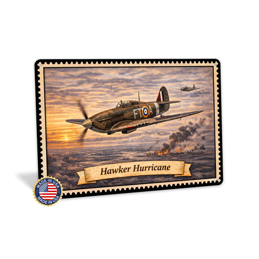 Hawker Hurricane metal sign with horizontal postage-stamp style Hawker Hurricane vintage artwork with RAF FT-A markings