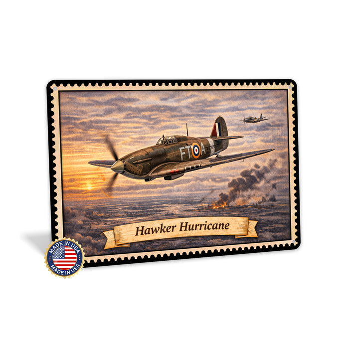 Hawker Hurricane metal sign with horizontal postage-stamp style Hawker Hurricane vintage artwork with RAF FT-A markings