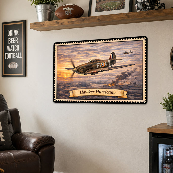 Hawker Hurricane metal sign with horizontal postage-stamp style Hawker Hurricane vintage artwork with RAF FT-A markings