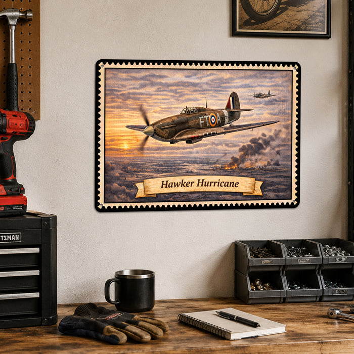 Hawker Hurricane metal sign with horizontal postage-stamp style Hawker Hurricane vintage artwork with RAF FT-A markings