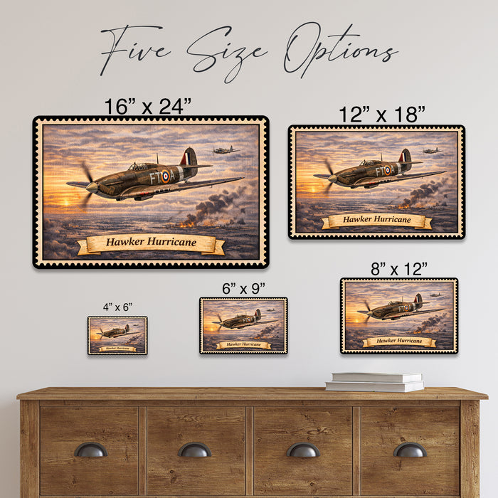 Hawker Hurricane metal sign with horizontal postage-stamp style Hawker Hurricane vintage artwork with RAF FT-A markings