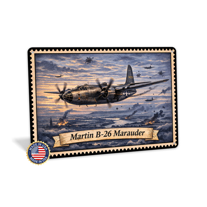 Martin B-26 Marauder metal sign with horizontal postage-stamp style Martin B-26 Marauder vintage artwork with twin engine