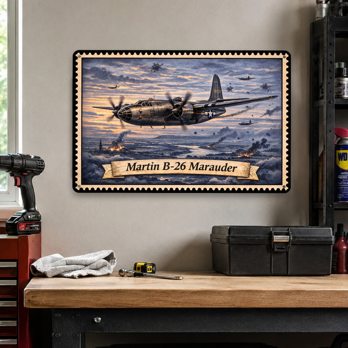 Martin B-26 Marauder metal sign with horizontal postage-stamp style Martin B-26 Marauder vintage artwork with twin engine