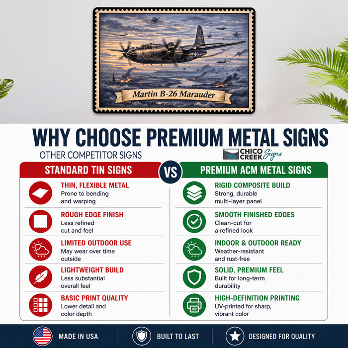 Martin B-26 Marauder metal sign with horizontal postage-stamp style Martin B-26 Marauder vintage artwork with twin engine