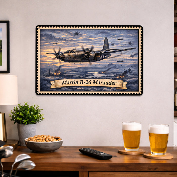 Martin B-26 Marauder metal sign with horizontal postage-stamp style Martin B-26 Marauder vintage artwork with twin engine