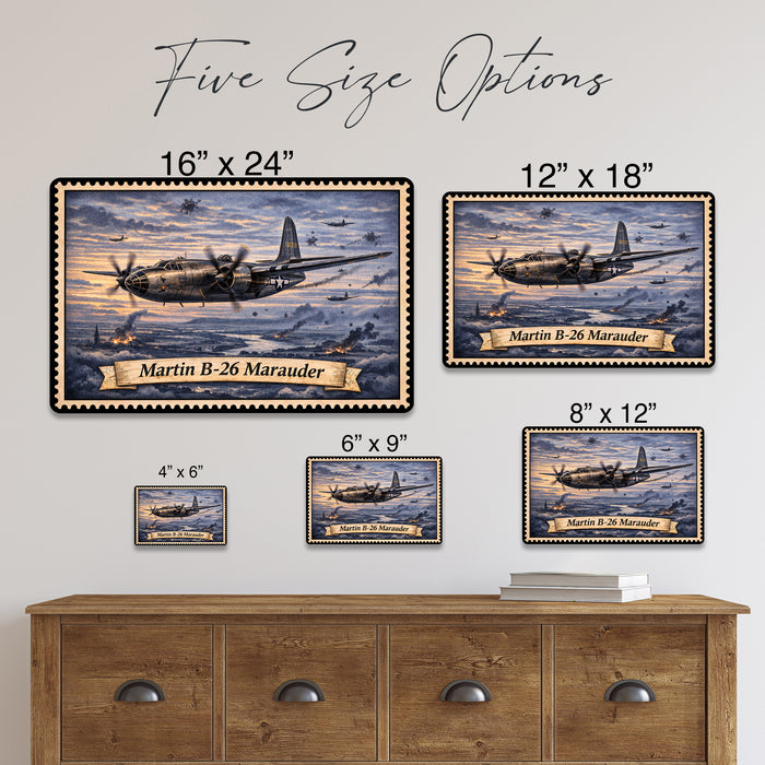 Martin B-26 Marauder metal sign with horizontal postage-stamp style Martin B-26 Marauder vintage artwork with twin engine