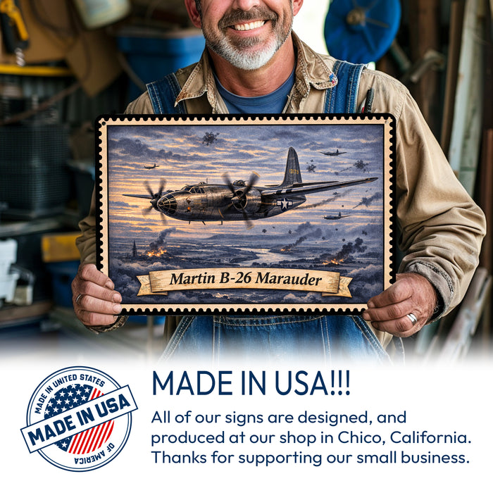 Martin B-26 Marauder metal sign with horizontal postage-stamp style Martin B-26 Marauder vintage artwork with twin engine