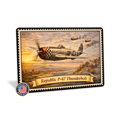 Republic P-47 Thunderbolt metal sign with horizontal postage-stamp style Republic P-47 Thunderbolt vintage artwork with QP-A