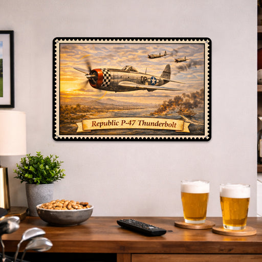 Republic P-47 Thunderbolt metal sign with horizontal postage-stamp style Republic P-47 Thunderbolt vintage artwork with QP-A