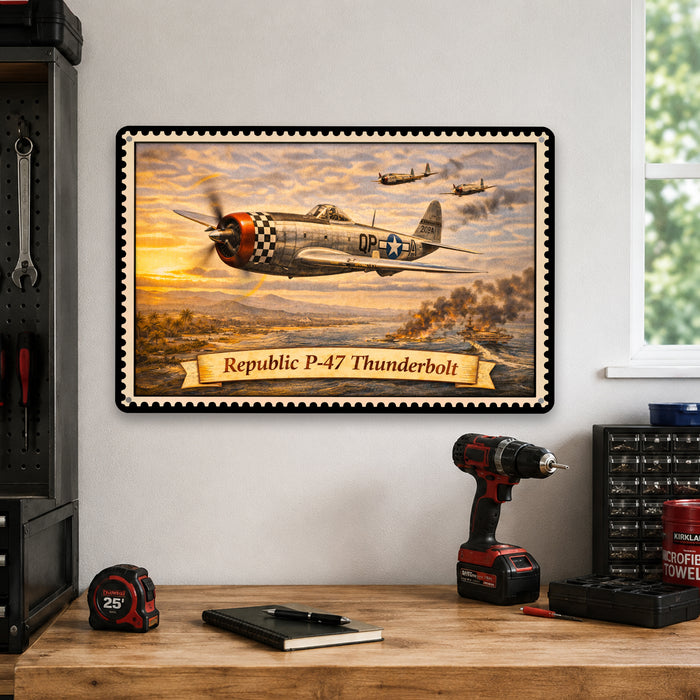 Republic P-47 Thunderbolt metal sign with horizontal postage-stamp style Republic P-47 Thunderbolt vintage artwork with QP-A