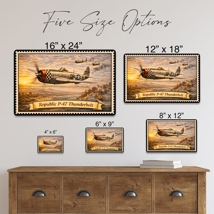 Republic P-47 Thunderbolt metal sign with horizontal postage-stamp style Republic P-47 Thunderbolt vintage artwork with QP-A