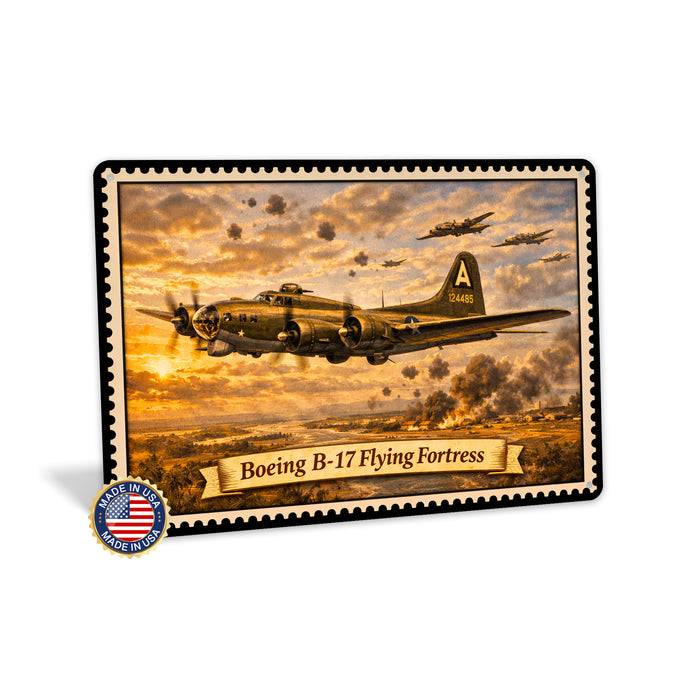 Boeing B-17 Flying Fortress metal sign with horizontal postage-stamp style Boeing B-17 Flying Fortress vintage artwork with