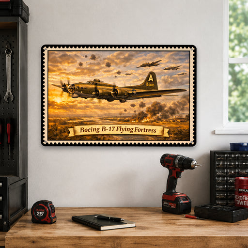 Boeing B-17 Flying Fortress metal sign with horizontal postage-stamp style Boeing B-17 Flying Fortress vintage artwork with