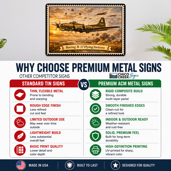Boeing B-17 Flying Fortress metal sign with horizontal postage-stamp style Boeing B-17 Flying Fortress vintage artwork with