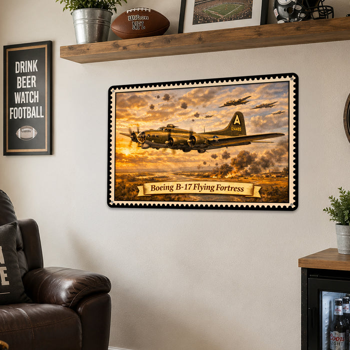Boeing B-17 Flying Fortress metal sign with horizontal postage-stamp style Boeing B-17 Flying Fortress vintage artwork with