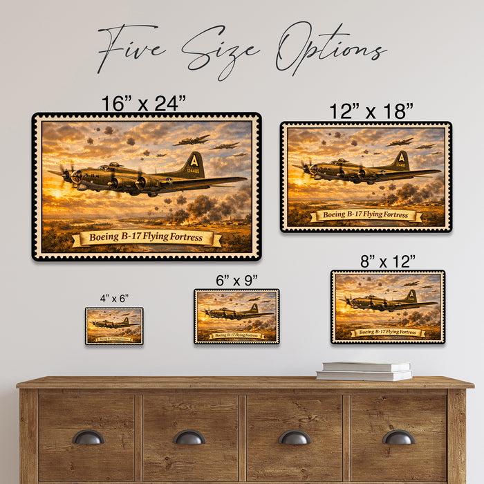 Boeing B-17 Flying Fortress metal sign with horizontal postage-stamp style Boeing B-17 Flying Fortress vintage artwork with