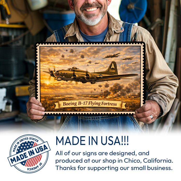 Boeing B-17 Flying Fortress metal sign with horizontal postage-stamp style Boeing B-17 Flying Fortress vintage artwork with