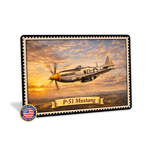 P-51 Mustang metal sign with horizontal postage-stamp style P-51 Mustang vintage artwork with silver post-war WZT