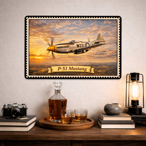 P-51 Mustang metal sign with horizontal postage-stamp style P-51 Mustang vintage artwork with silver post-war WZT
