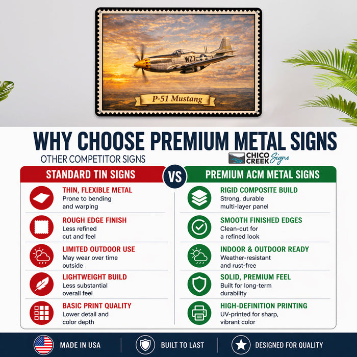 P-51 Mustang metal sign with horizontal postage-stamp style P-51 Mustang vintage artwork with silver post-war WZT