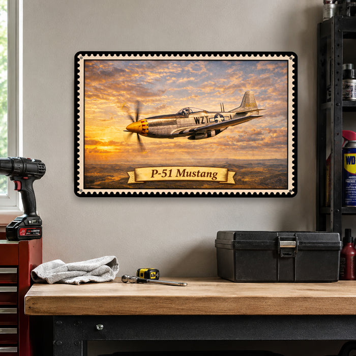 P-51 Mustang metal sign with horizontal postage-stamp style P-51 Mustang vintage artwork with silver post-war WZT