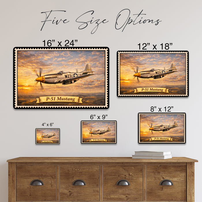 P-51 Mustang metal sign with horizontal postage-stamp style P-51 Mustang vintage artwork with silver post-war WZT