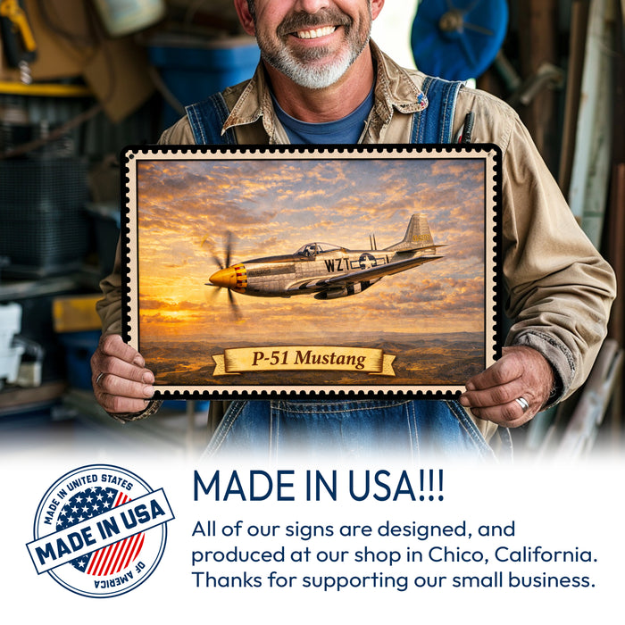 P-51 Mustang metal sign with horizontal postage-stamp style P-51 Mustang vintage artwork with silver post-war WZT