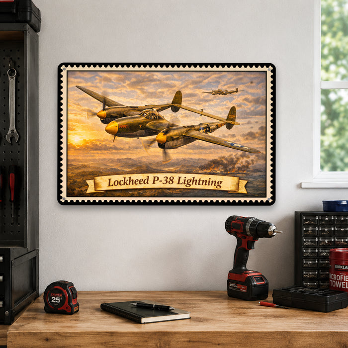 Lockheed P-38 Lightning metal sign with horizontal postage-stamp style Lockheed P-38 Lightning vintage artwork with twin