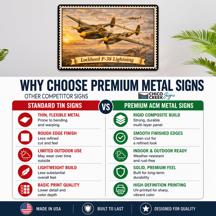 Lockheed P-38 Lightning metal sign with horizontal postage-stamp style Lockheed P-38 Lightning vintage artwork with twin