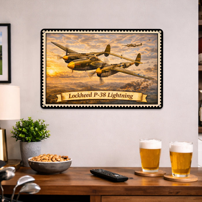 Lockheed P-38 Lightning metal sign with horizontal postage-stamp style Lockheed P-38 Lightning vintage artwork with twin