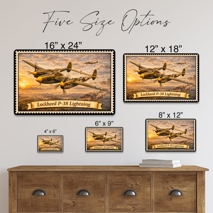 Lockheed P-38 Lightning metal sign with horizontal postage-stamp style Lockheed P-38 Lightning vintage artwork with twin