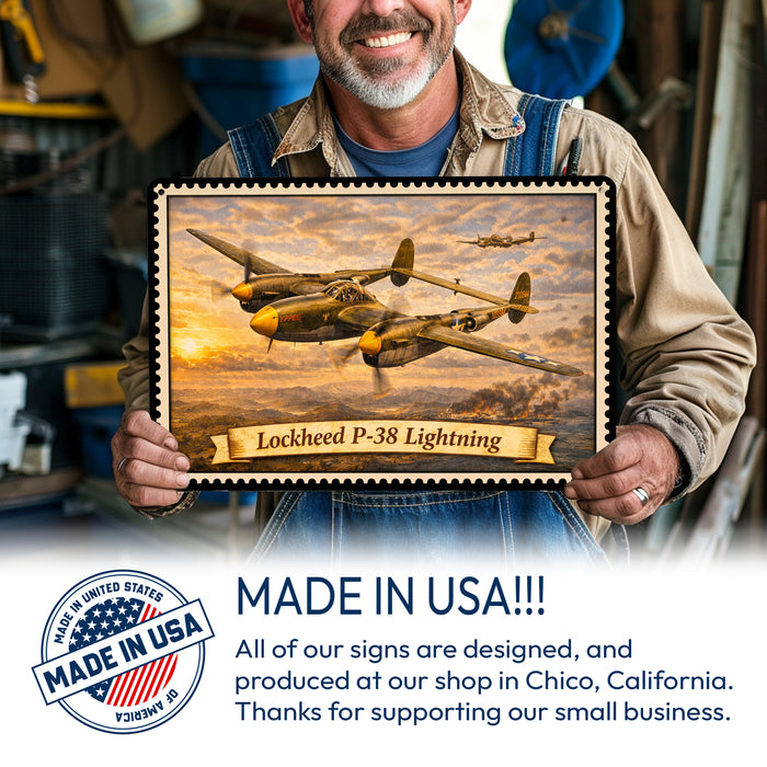 Lockheed P-38 Lightning metal sign with horizontal postage-stamp style Lockheed P-38 Lightning vintage artwork with twin