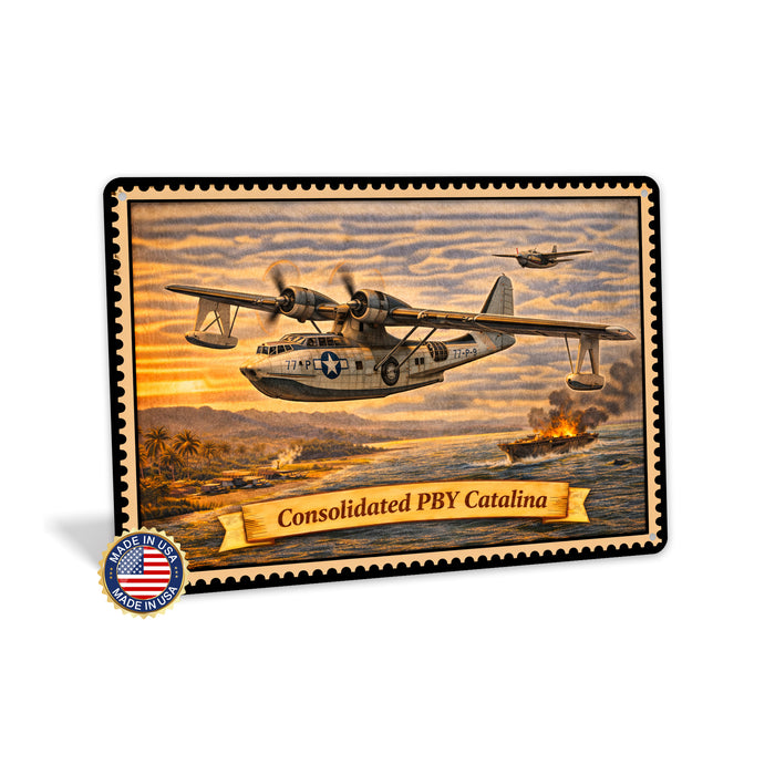 Consolidated PBY Catalina metal sign with horizontal postage-stamp style Consolidated PBY Catalina vintage artwork with