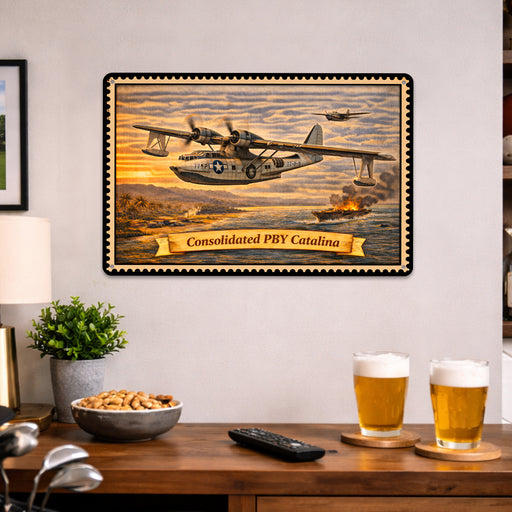Consolidated PBY Catalina metal sign with horizontal postage-stamp style Consolidated PBY Catalina vintage artwork with
