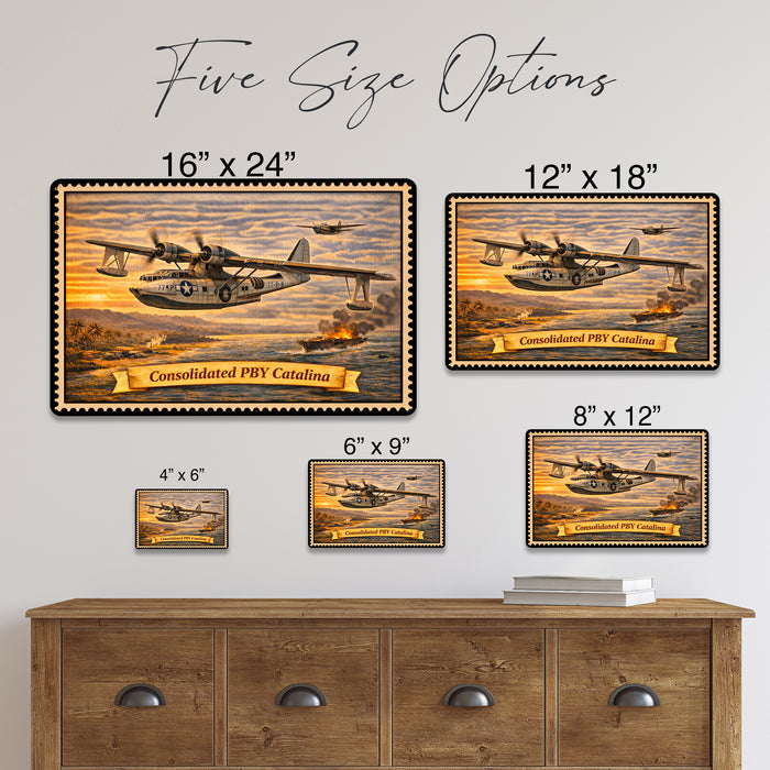 Consolidated PBY Catalina metal sign with horizontal postage-stamp style Consolidated PBY Catalina vintage artwork with